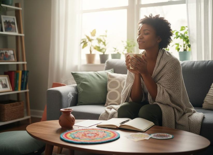 Woman enjoying a peaceful moment on a sofa