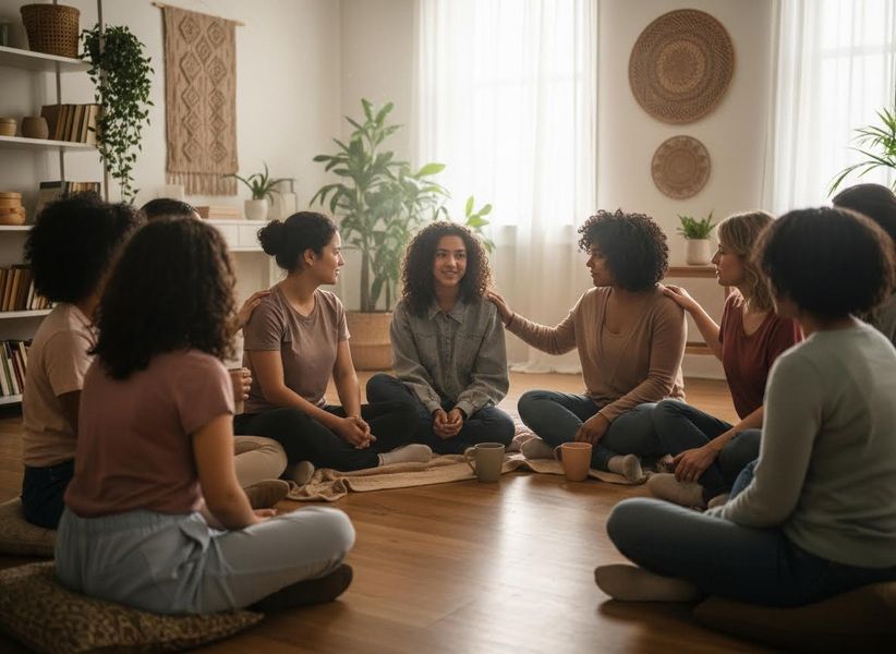 Eight diverse women sit in a circle on a wooden floor, offering comfort and support to each other in a bright room. Diverse Women in a Supportive Group Circle