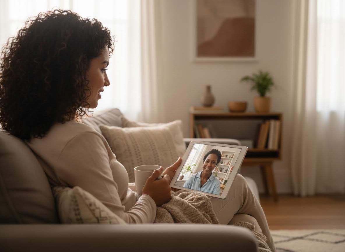 Woman on Couch Video Chatting with Another Woman on Tablet