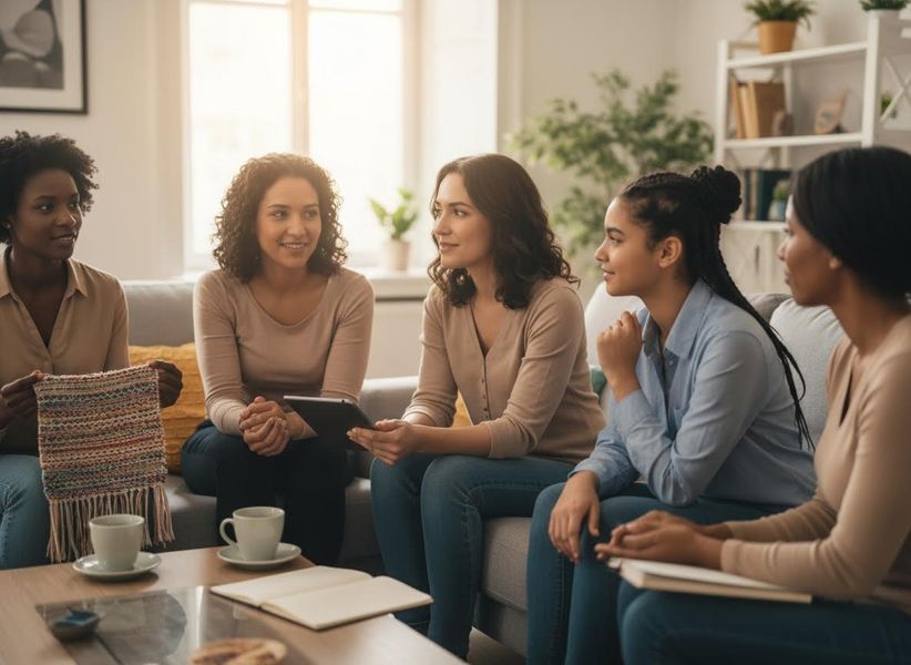 Five diverse women sit on a sofa, chatting, one knitting, another holding a tablet, in a cozy, sunlit living room. Diverse Women Discussing Together