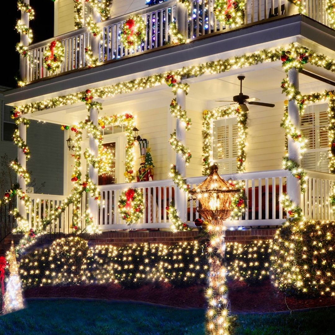 photo of a home with Christmas lights