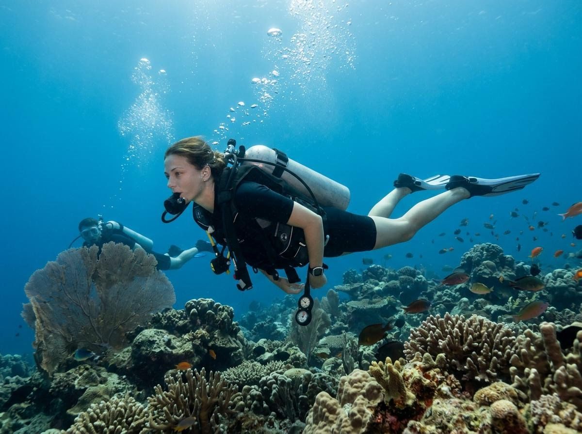 Scuba divers exploring vibrant coral reef with tropical fish