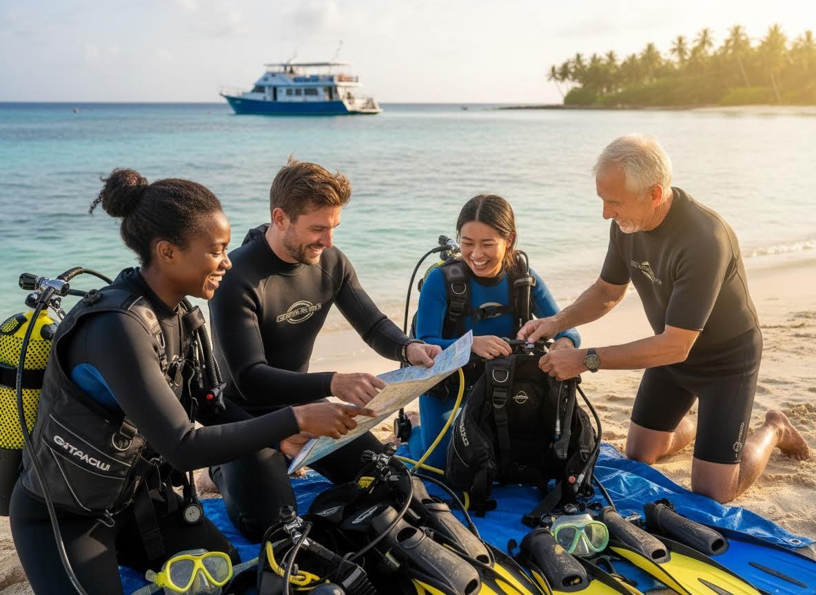 Scuba Divers Planning and Preparing on a Tropical Beach