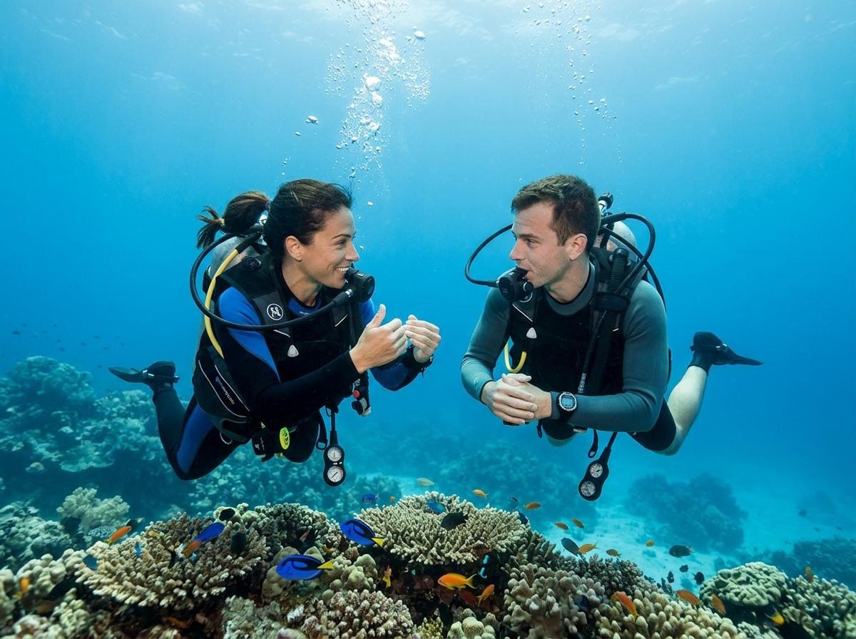 Couple Scuba Diving Over Coral Reef