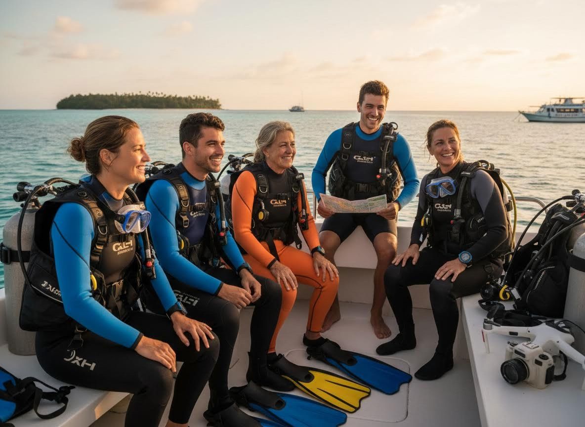 Smiling scuba divers on a boat in a tropical location
