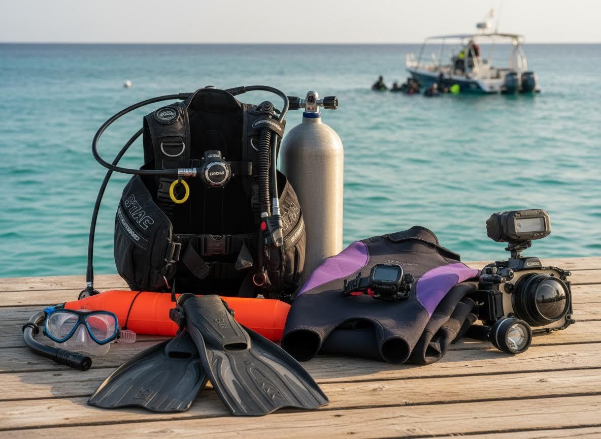 Scuba Diving Equipment on a Wooden Pier
