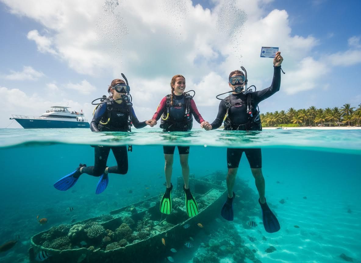 Three Scuba Divers Celebrating Certification in Tropical Waters