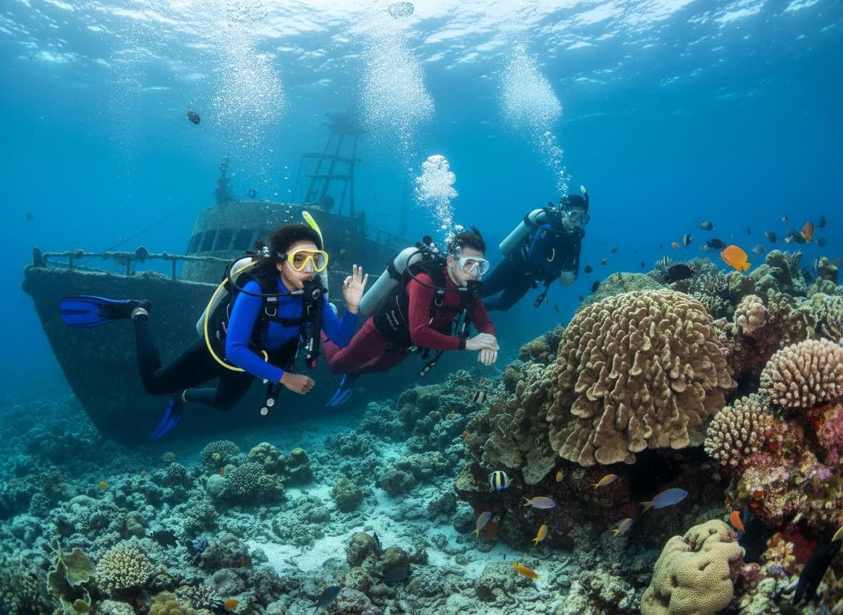 Scuba Divers Exploring a Shipwreck and Coral Reef