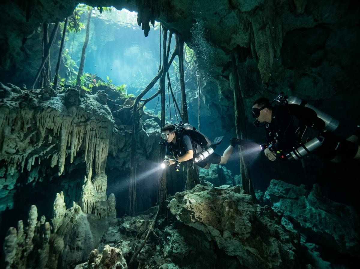 Two scuba divers exploring an underwater cave or cenote with flashlights