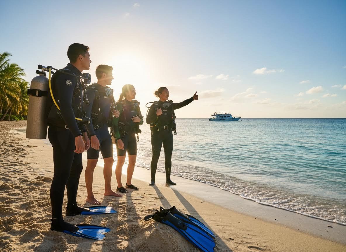Group of Scuba Divers on Tropical Beach at Sunset