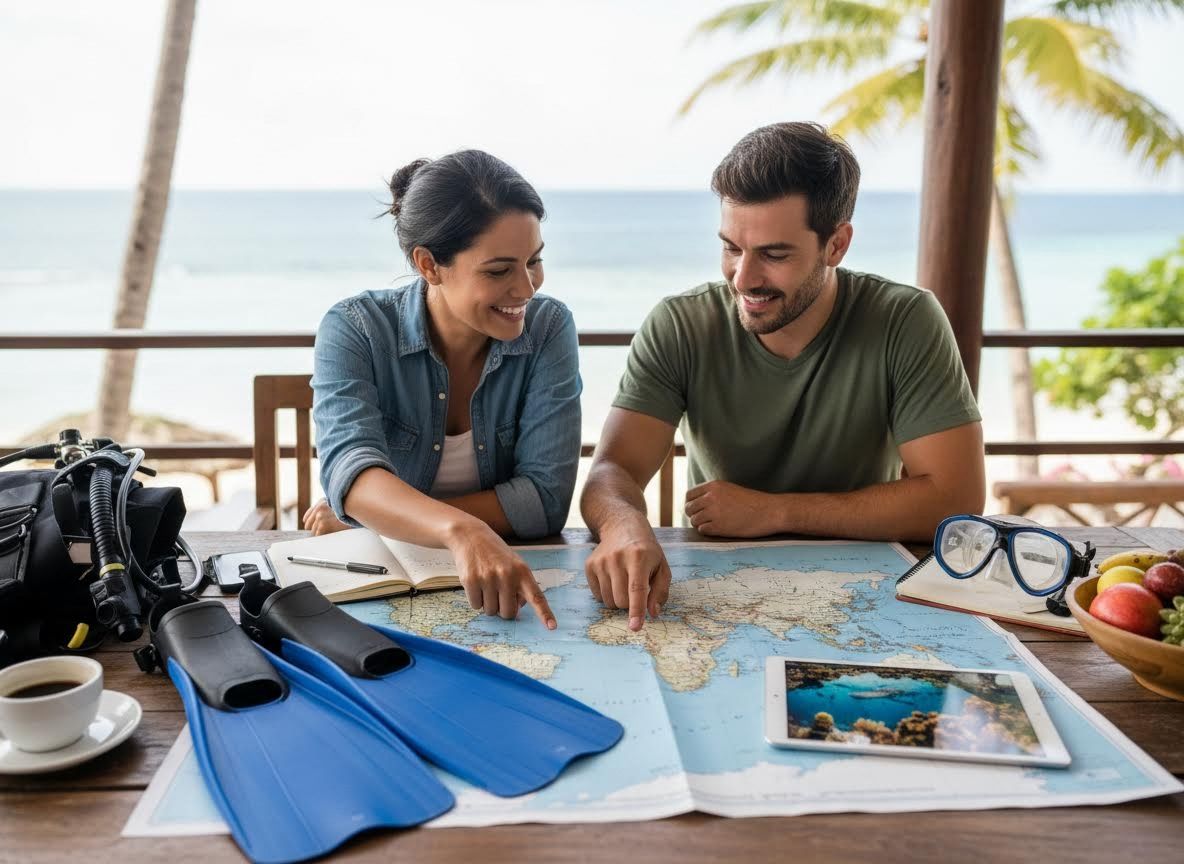 Happy Couple Planning Scuba Diving Trip