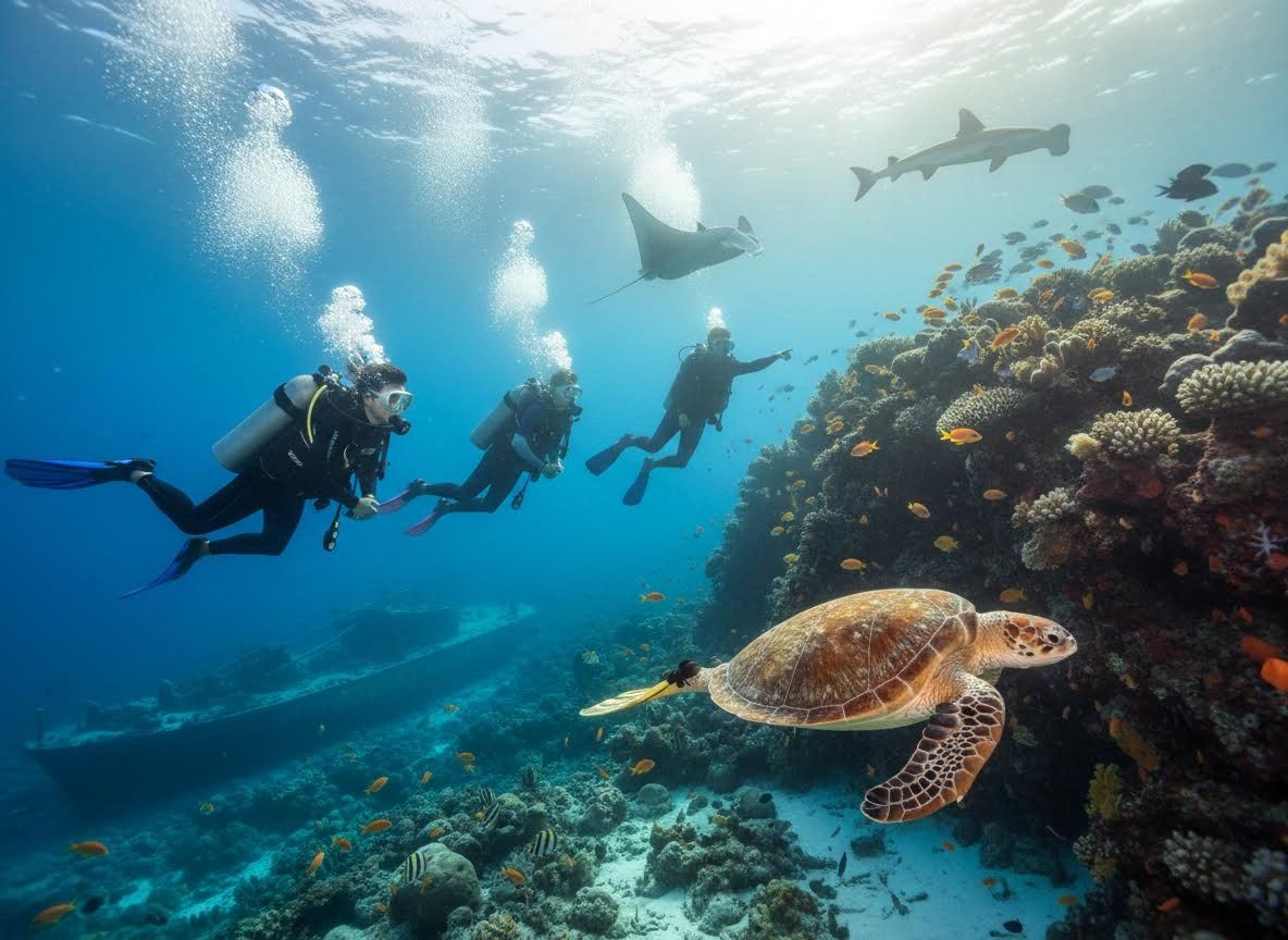 Scuba Divers Exploring a Vibrant Coral Reef with Diverse Marine Life