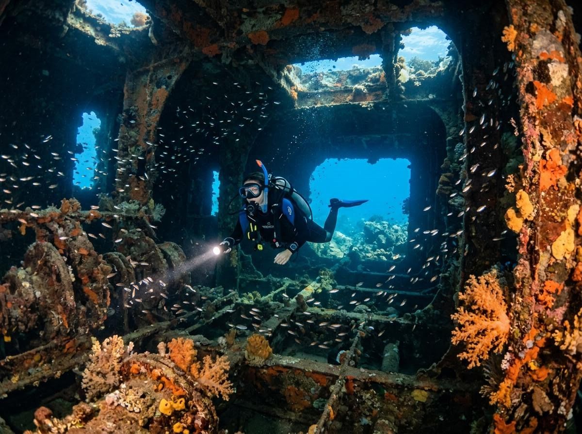 Scuba Diver Explores Colorful Underwater Shipwreck