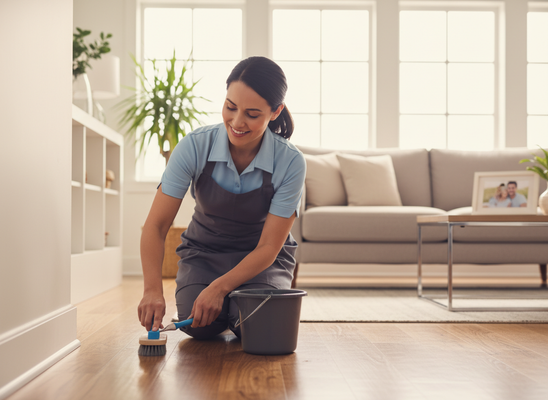 A smiling woman in a blue uniform and grey apron kneels on a hardwood floor, meticulously scrubbing the baseboard with a brush and bucket. Professional cleaner scrubbing a wooden floor