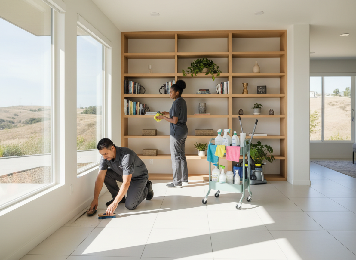 Two professional cleaners: a man scrubs floor tiles by a large window, a woman dusts bookshelves. A cleaning cart is nearby. Professional Cleaning Team in Modern Home