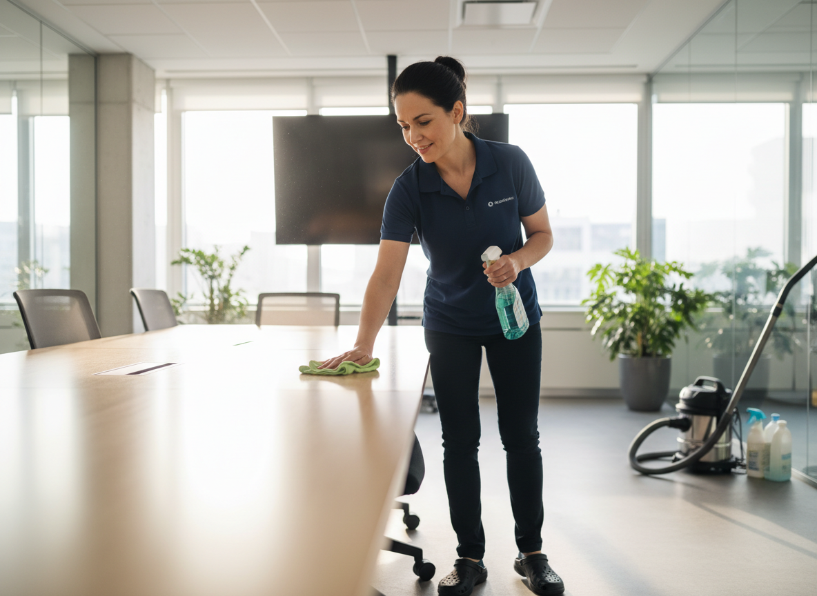 A smiling cleaner in a navy uniform wipes down a long wooden conference table with a green cloth and spray bottle, with a vacuum nearby. Professional cleaning of an office conference room