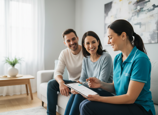 A professional in blue uses a tablet to discuss a schedule with a happy couple on a sofa, possibly arranging home services or appointments. Service provider reviewing schedule with a couple