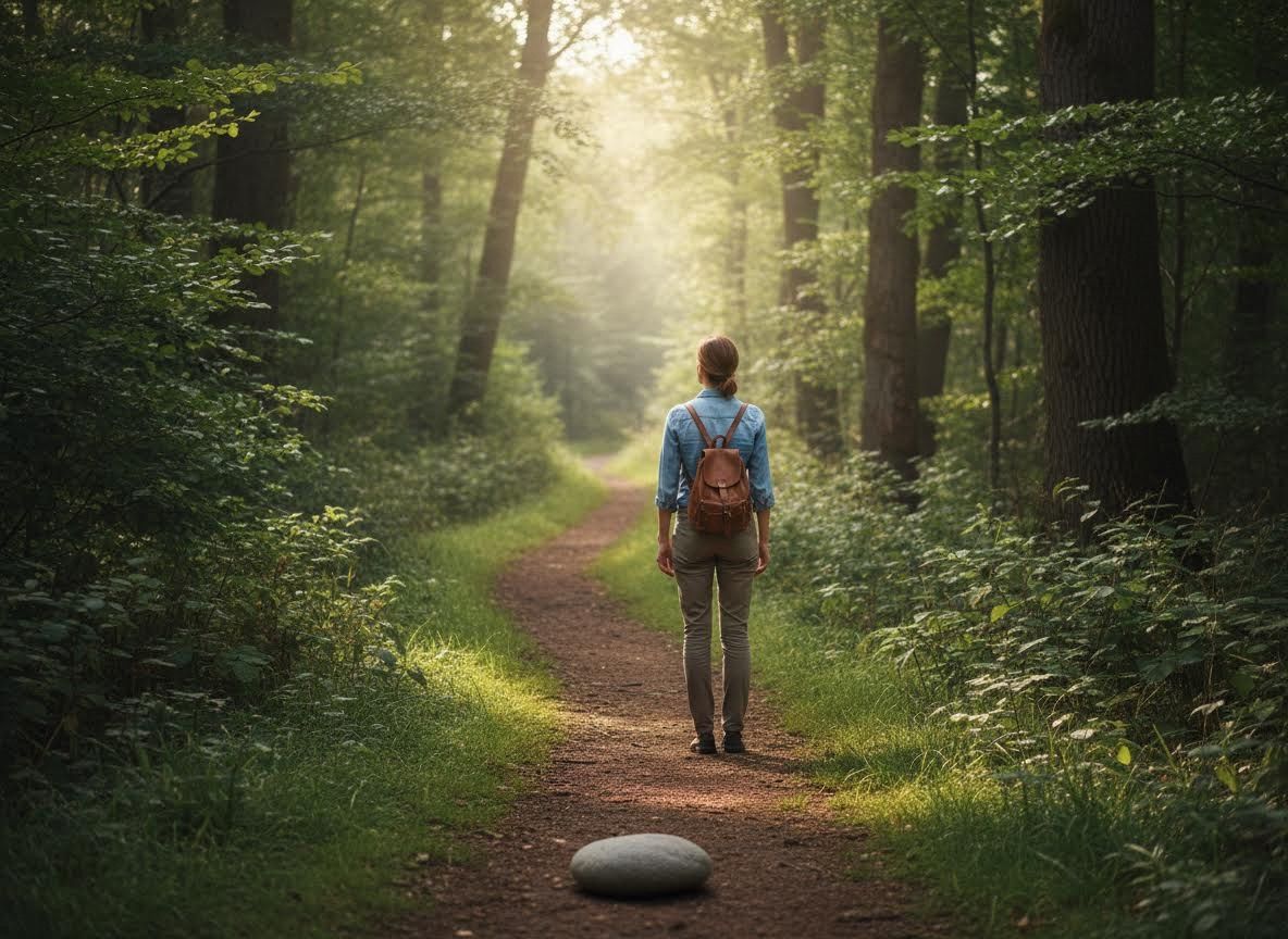 Person walking on a sunlit forest path with a backpack