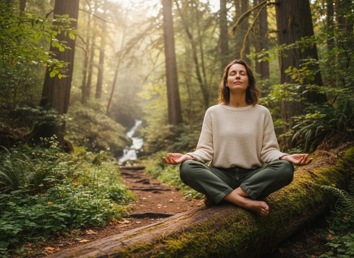 Woman Meditating on Log in Forest