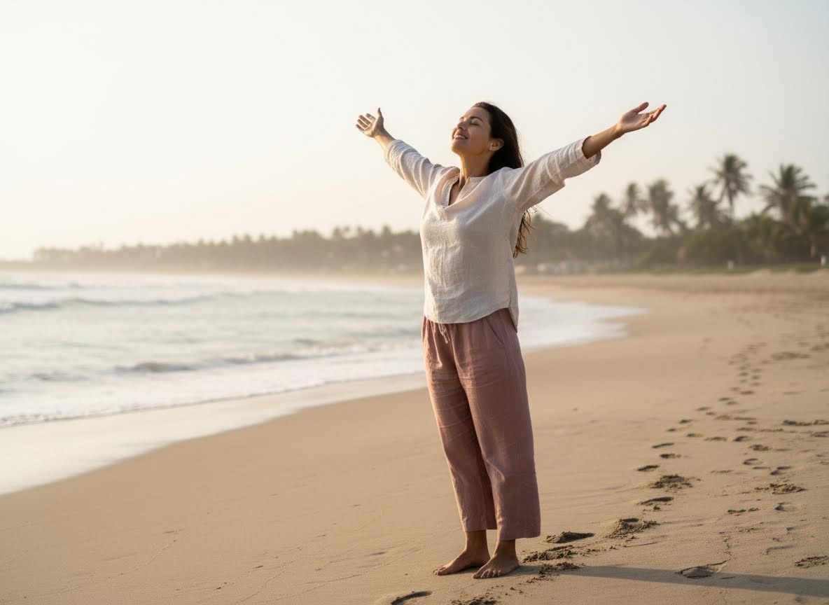 Woman embracing the sun and sea on a tropical beach