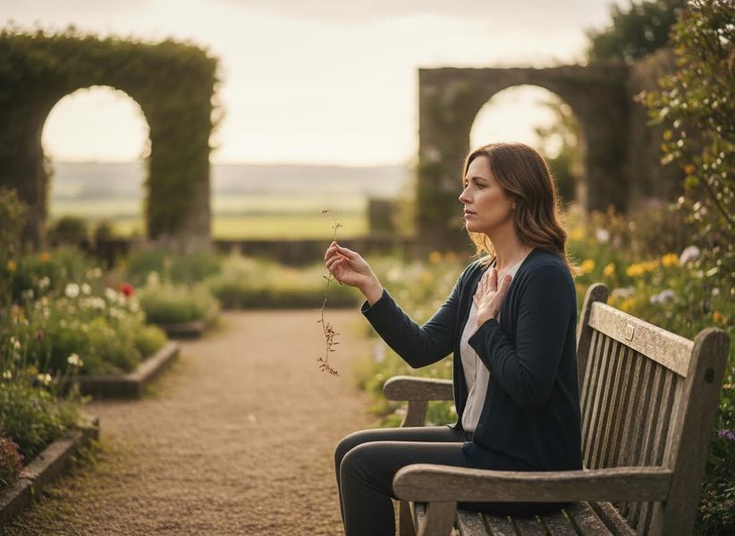 A pensive woman sits on a wooden garden bench, holding a delicate sprig and resting her hand on her chest, surrounded by lush archways. Woman in Garden with Delicate Sprig