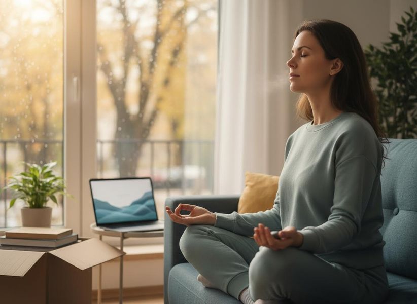 A woman in light blue loungewear meditates on a sofa, eyes closed, with her breath visible. Rain falls outside a window in the background. Woman Meditating on a Couch by a Window