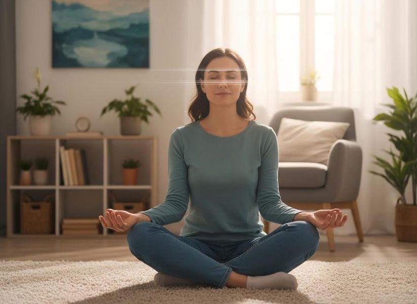 A young woman meditates cross-legged on a rug, eyes closed with light beams, in a bright room with plants. She radiates peace. Woman Meditating at Home for Peace and Focus