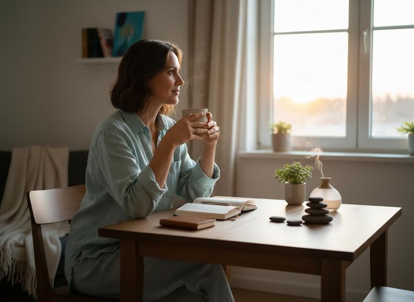 A woman in blue loungewear sips from a steaming mug, looking out a sunlit window. Her table holds a journal, plant, and diffuser. Woman enjoying a peaceful morning moment by the window