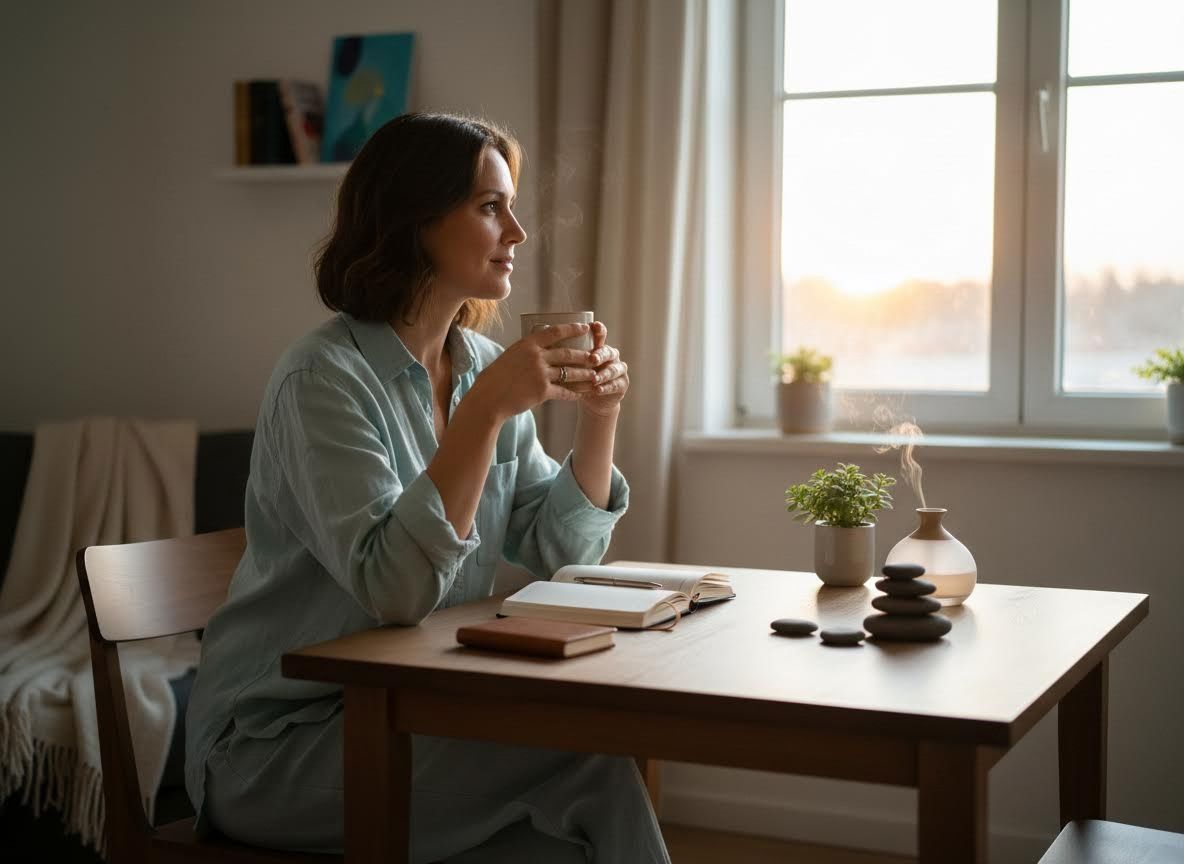 Woman enjoying a peaceful morning moment by the window