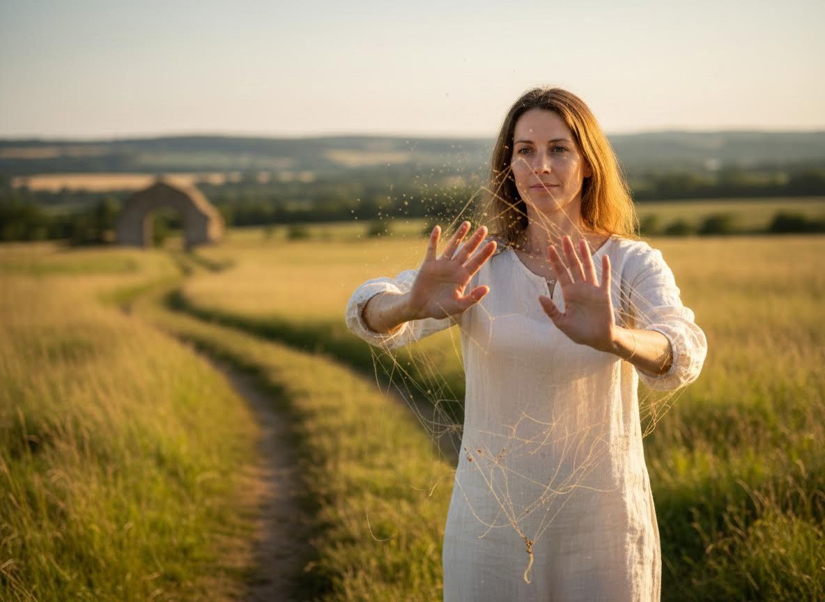 Woman in white dress in sunlit field with delicate grass strands