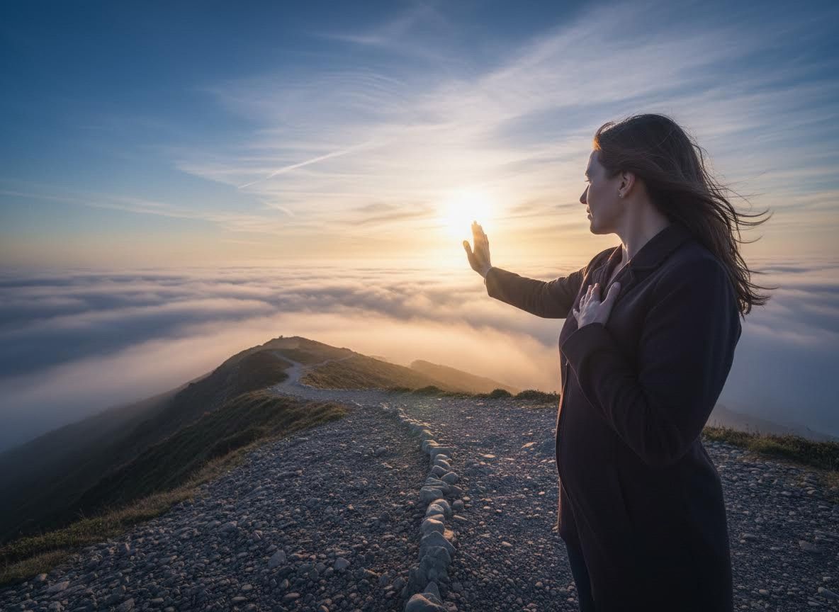 Woman on Mountain Summit Over Clouds at Sunset