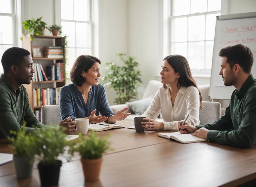 Four diverse colleagues, two men and two women, engaged in an active discussion around a wooden conference table in a bright office. Business professionals collaborating in a meeting