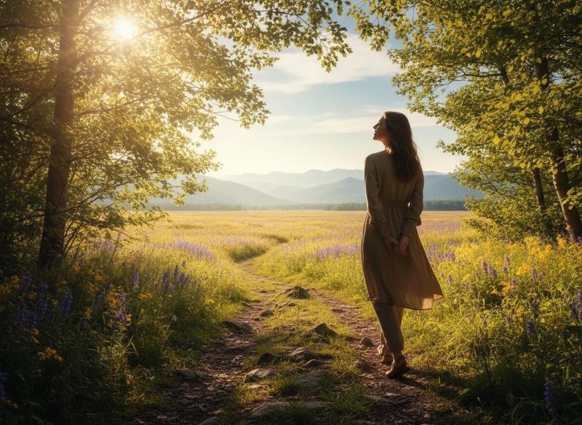 A woman on a winding dirt path in a vast field of purple and yellow wildflowers, looking towards distant mountains at sunset. Woman in a sunlit wildflower meadow looking at mountains