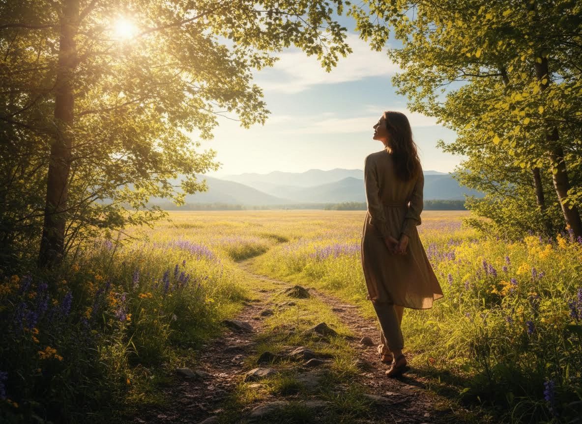 Woman in a sunlit wildflower meadow looking at mountains