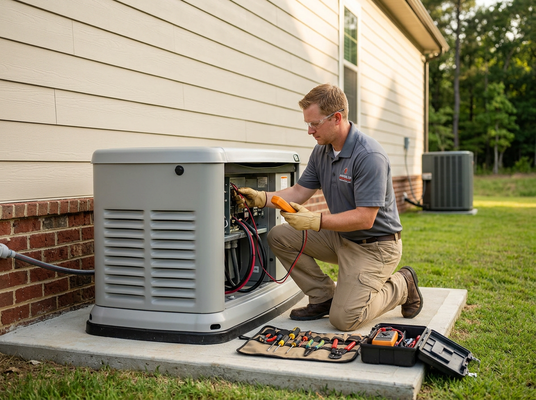 Technician Servicing an Outdoor Home Standby Generator