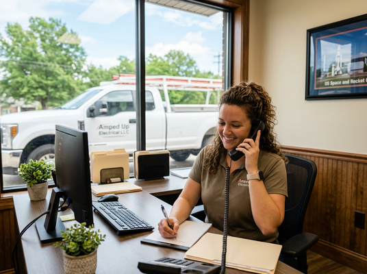Smiling Woman at Amped Up Electrical Office