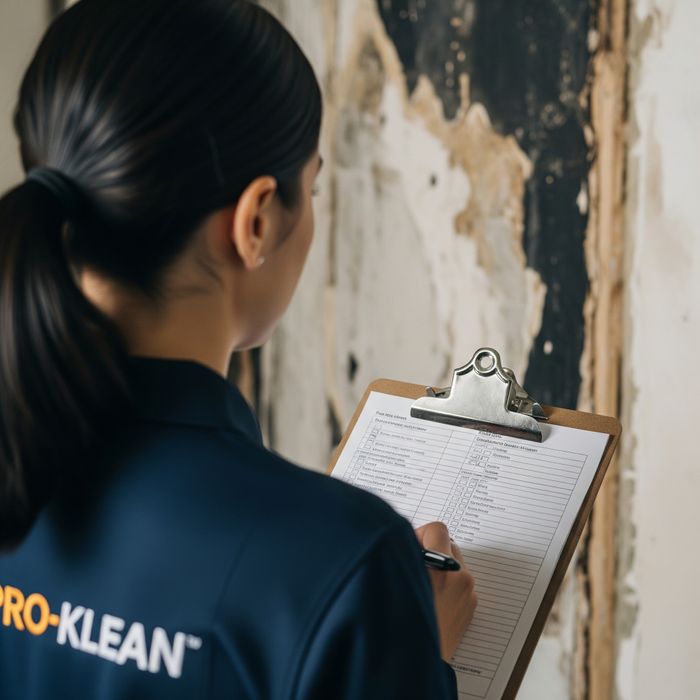 A Pro-Klean technician conducting an initial damage assessment after a fire. Our Fire Damage Restoration Process1.jpeg