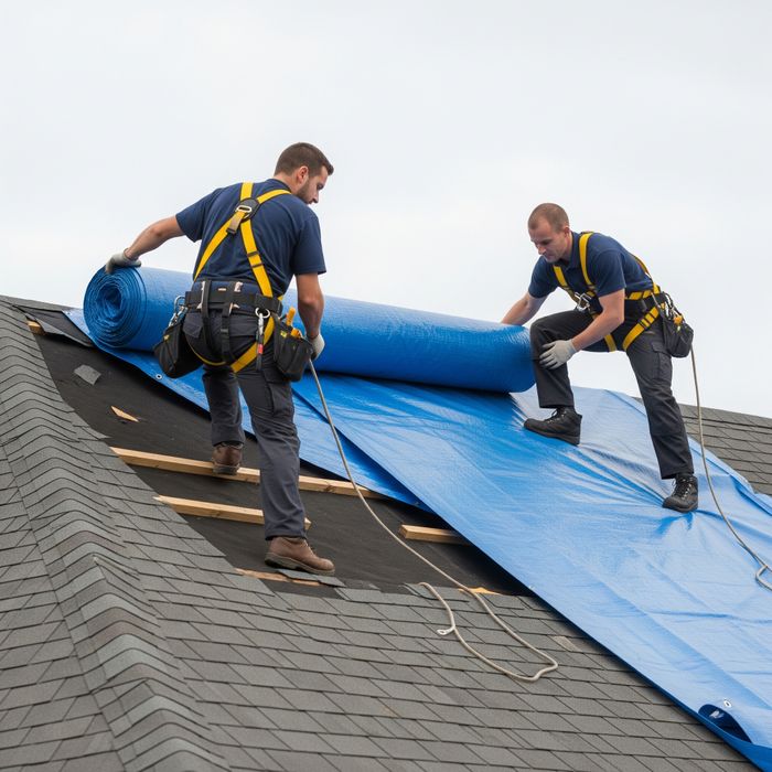 The Pro-Klean team securing a roof with an emergency tarp after storm damage. Rapid Action Plan for Wind and Storm2.jpeg
