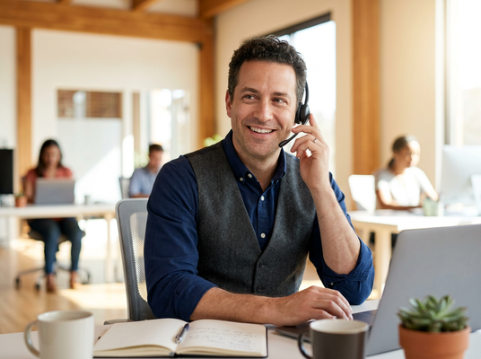 A smiling man wearing a headset works at a laptop, with a notebook, coffee, and plant on his desk in a bright, open-plan office. Smiling Man with Headset Working in Modern Office