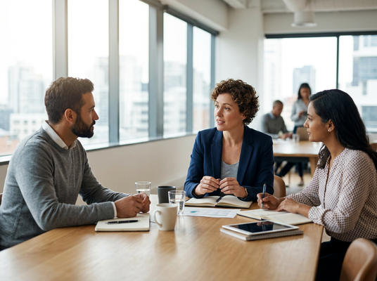 Three diverse colleagues, two women and one man, engaged in a focused discussion at a conference table in a bright, modern office. Business Professionals in a Meeting