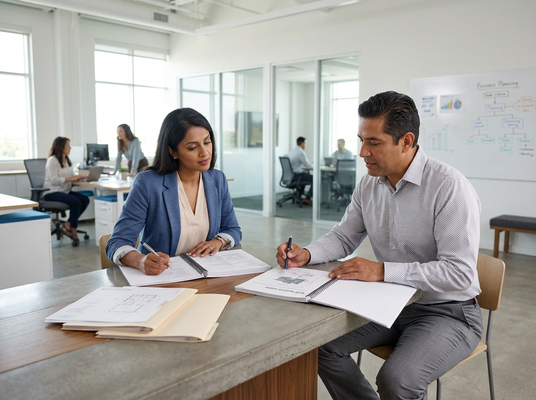 A man and a woman review documents and write notes at a desk, with other colleagues working in the open-plan office background. Two business professionals collaborating in a modern office