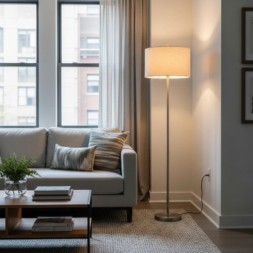 A contemporary floor lamp with a metallic base casting a warm, soft light in a modern apartment interior.