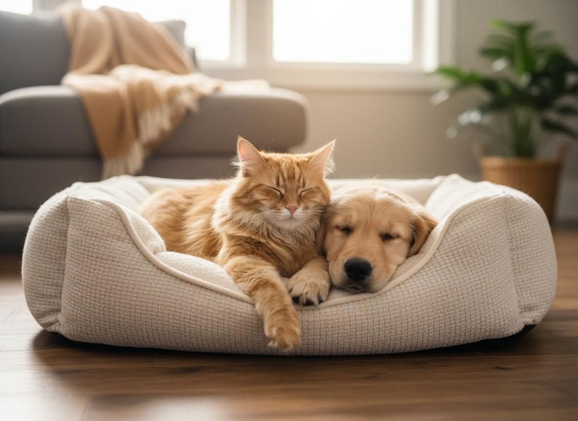 cat and dog cuddling in a pet bed