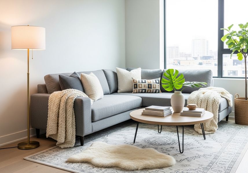 A bright, modern apartment living room featuring a gray sofa, layered textiles, and a tall gold floor lamp.