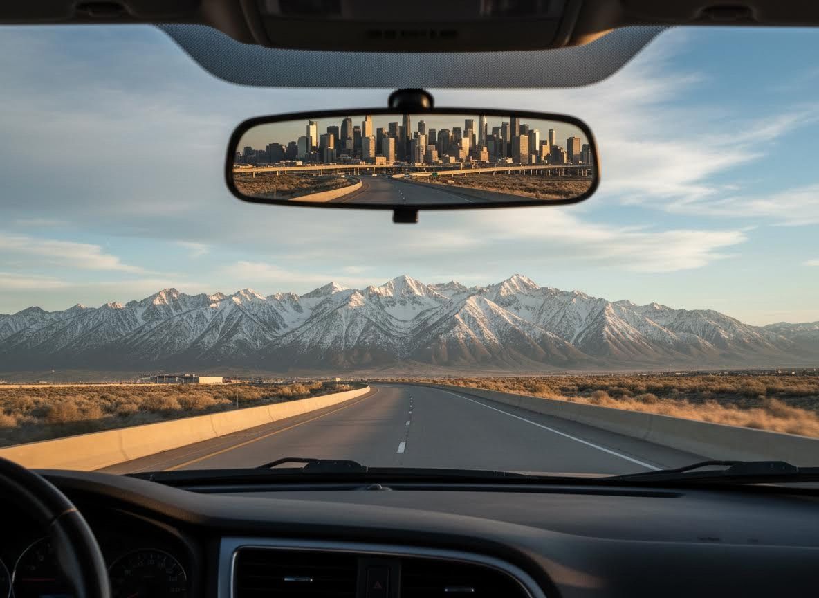big city in the rear view mirror and mountain views ahead
