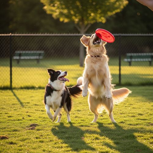 Two dogs playing in a fenced-in grassy dog park