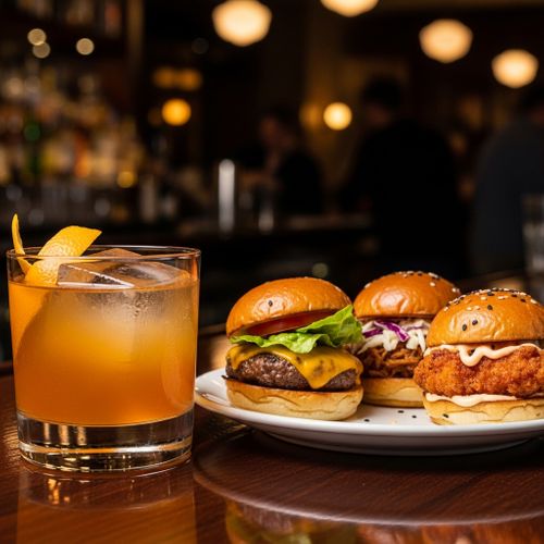Close-up of a stylish craft cocktail and sliders during happy hour