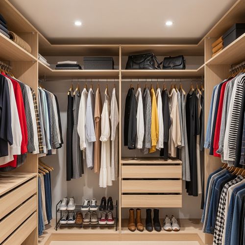 clothes hanging in a modern walk-in closet