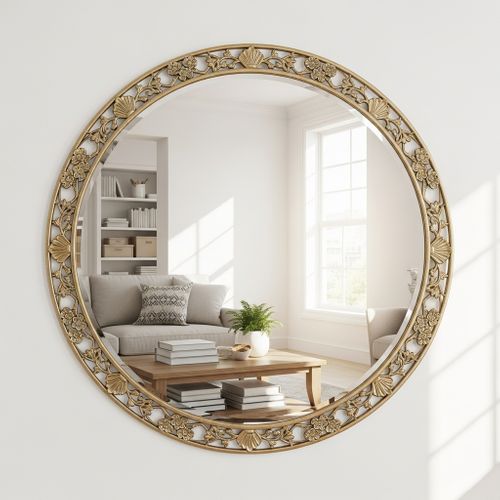 Large circular mirror on a white wall reflecting a bright, organized room and natural light.