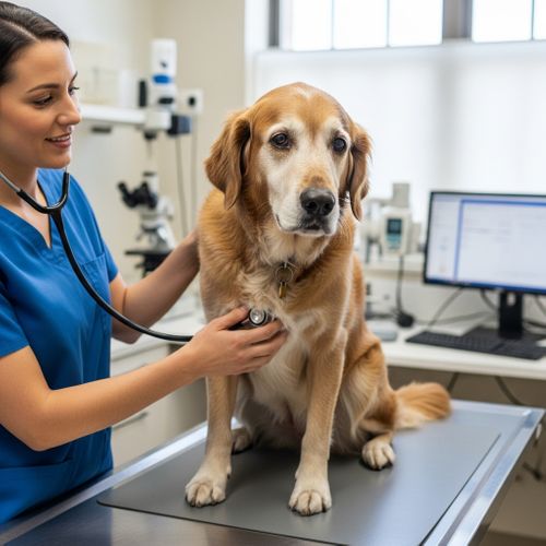 A veterinarian gently examining an older, graying dog during a check-up.